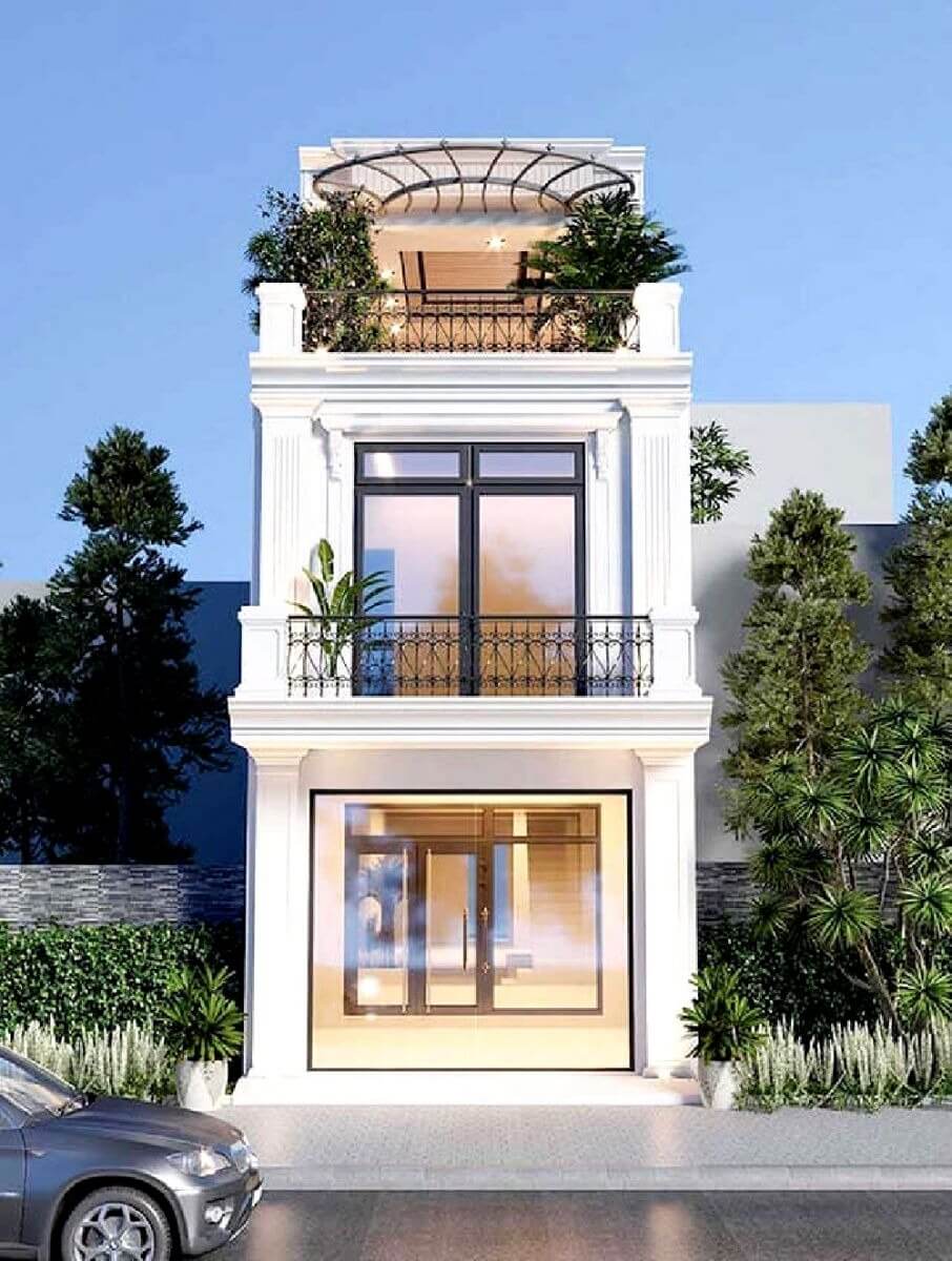 Nhà phố hiện đại 3 tầng, thiết kế sang trọng với cây xanh và ban công rộng, nền trời xanh.