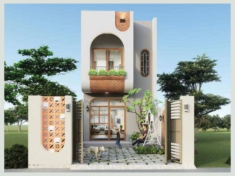 Nhà phố hiện đại với ban công, cây xanh và ghế xích đu. Người và chó vui chơi trong sân nhà.