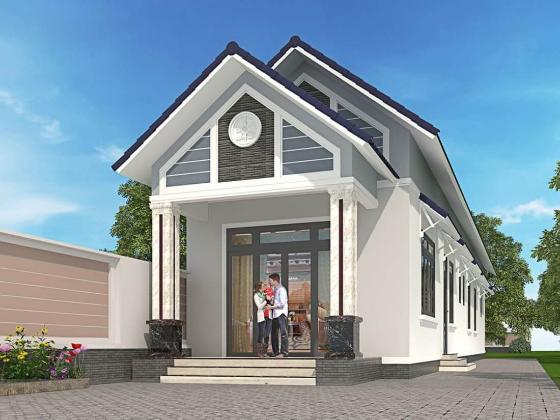 Nhà phố hiện đại một tầng với thiết kế mái thái, cổng lớn và sân vườn xanh mát.