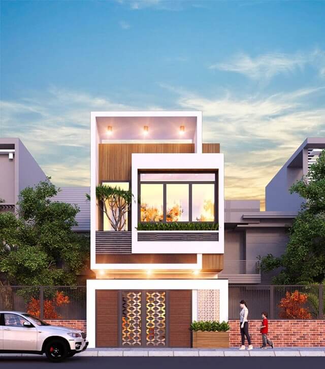 Nhà phố hiện đại ba tầng với thiết kế tối giản, cây xanh nhỏ xinh ở ban công, hai người đi bộ phía trước.