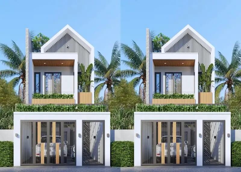 Nhà phố hiện đại 2 tầng với thiết kế sân vườn và gara, cây xanh xung quanh mang lại không gian thoáng mát.