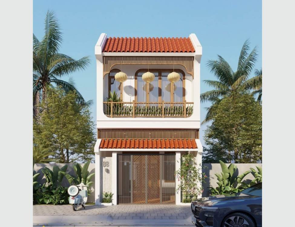 Nhà mái ngói đỏ hai tầng, cây xanh xung quanh và xe máy đỗ phía trước, thiết kế hiện đại thoáng đãng.
