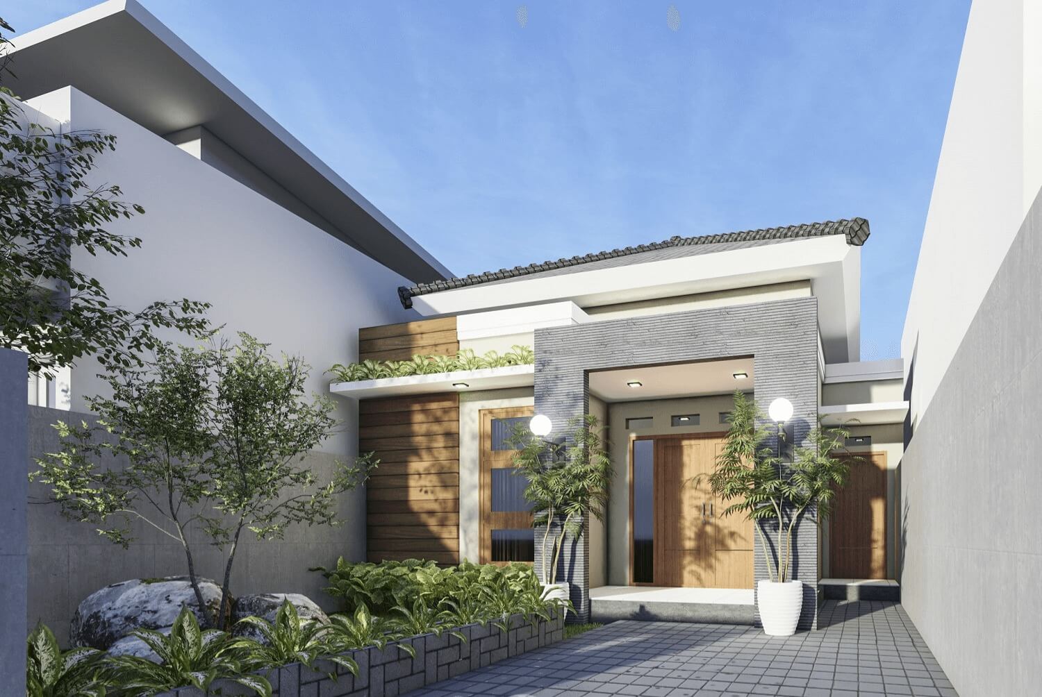 Nhà hiện đại với mái dốc và vườn cây xanh, thiết kế ánh sáng hài hòa dưới bầu trời trong xanh.