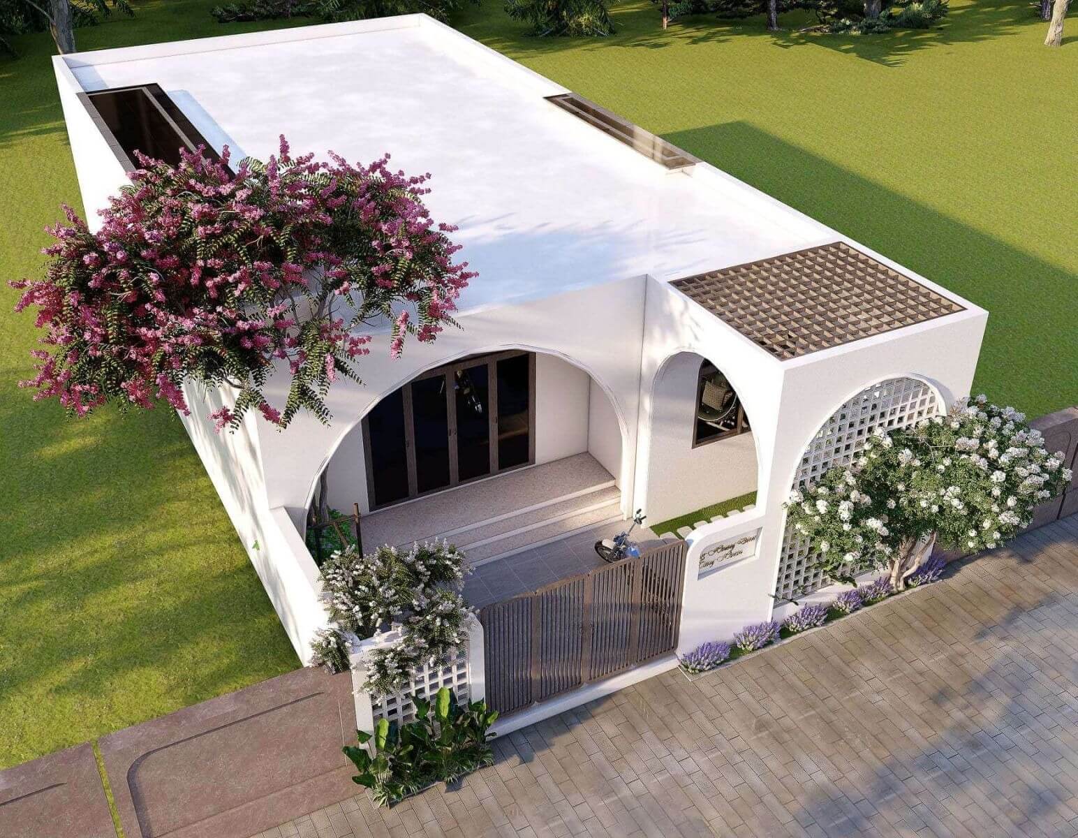 Nhà hiện đại với thiết kế hình khối và sân vườn xanh, cây hoa tím nổi bật ở mặt tiền.