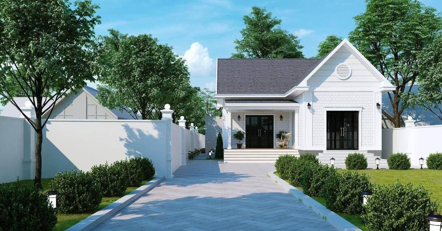 Nhà vườn nhỏ xinh với mái ngói xám, sân vườn xanh mát và lối đi lát đá, khung cảnh yên bình.