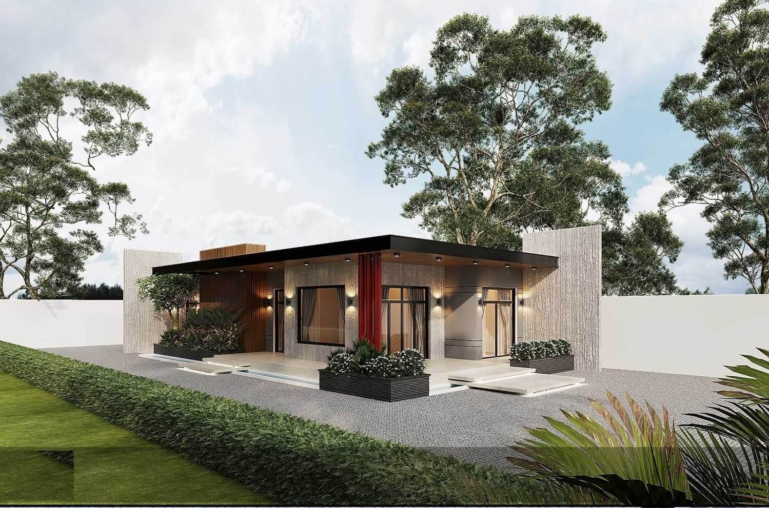 thiet-ke-nha-cap-4-dien-tich-60m2-voi-2-phong-ngu-co-san-vuon-4 Nhà một tầng hiện đại với sân vườn xanh mát và cây cối xung quanh, bầu trời xanh có mây trắng.