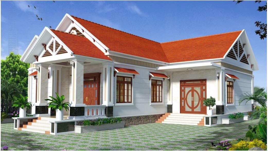 thiet-ke-nha-cap-4-dien-tich-60m2-voi-2-phong-ngu-hinh-chu-l-4 Nhà cấp 4 mái ngói đỏ với thiết kế hiện đại, không gian thoáng đãng và vườn cây xanh tươi bao quanh.