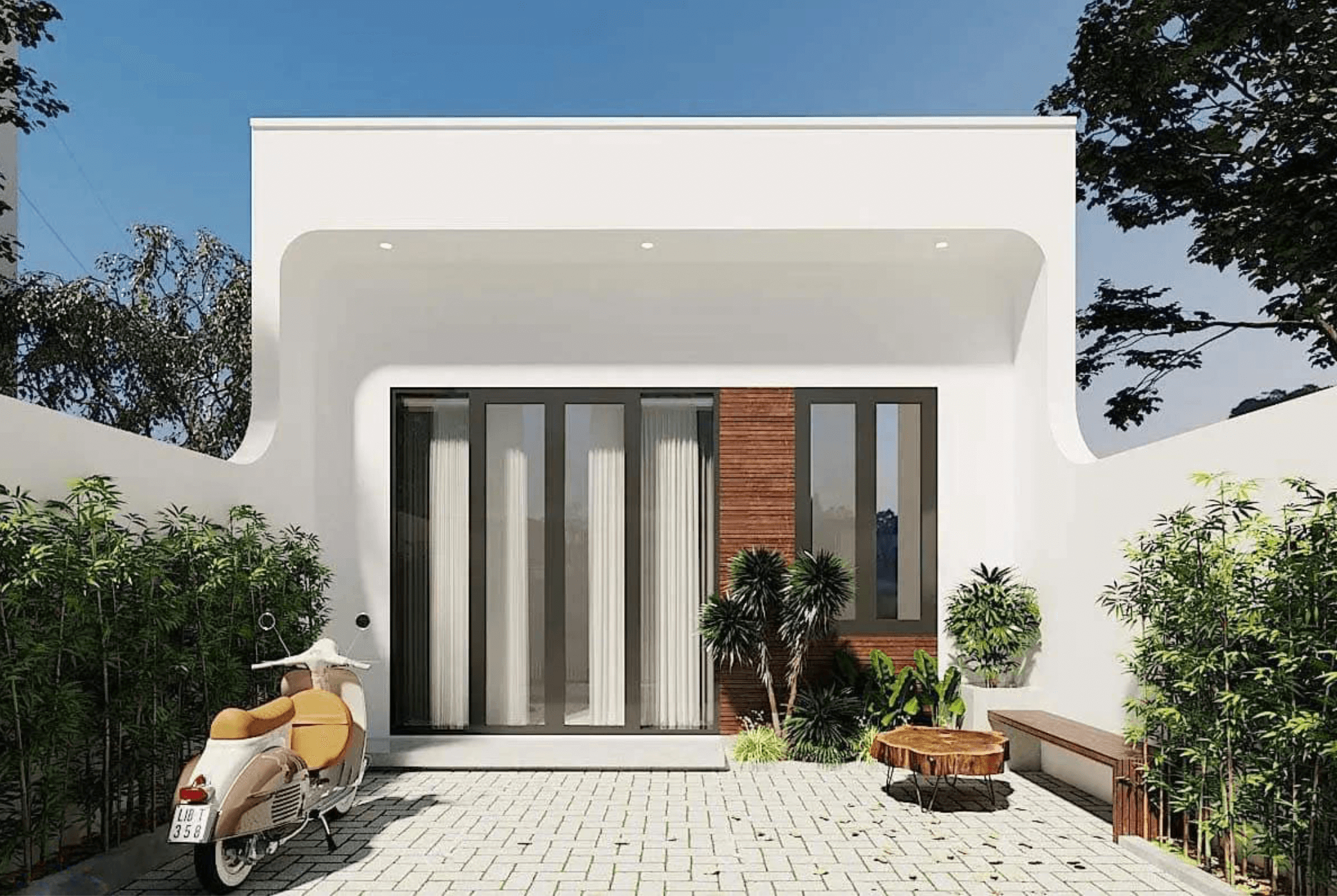 thiet-ke-nha-cap-4-dien-tich-60m2-voi-2-phong-ngu-mai-bang-dep-mat-4 Nhà cấp 4 hiện đại với tường trắng, cây xanh trước cửa và chiếc xe máy đậu trong sân lát gạch.
