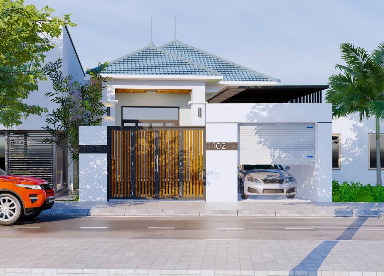 Nhà một tầng hiện đại với mái xanh, gara ô tô, cây xanh và cổng gỗ tại khu dân cư yên tĩnh.