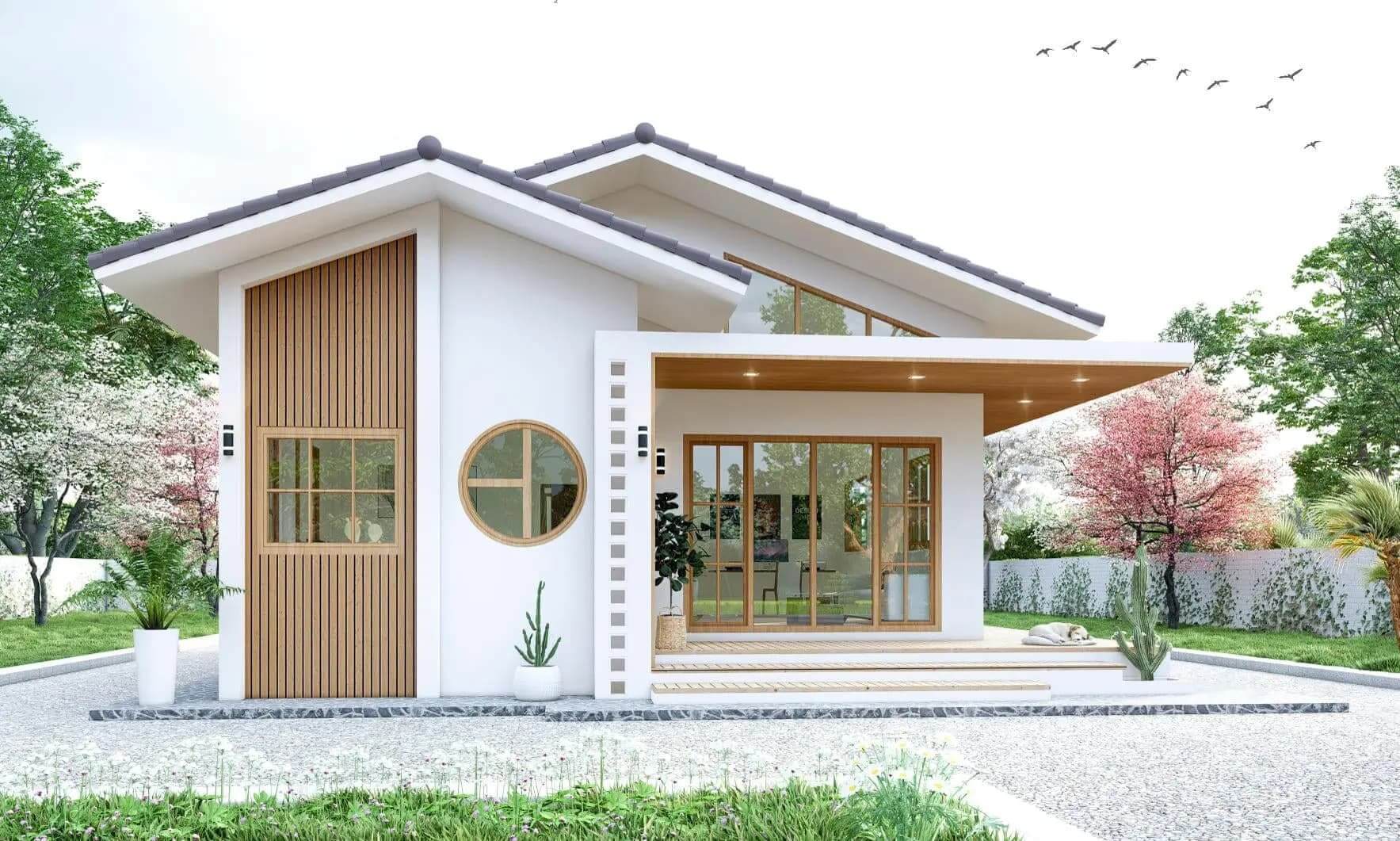 Thiết kế nhà cấp 4 diện tích 60m2 với 2 phòng ngủ mái Thái hiện đại