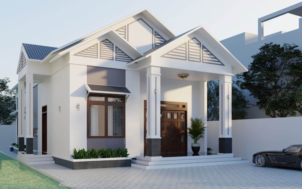 Ngôi nhà một tầng hiện đại với mái tam giác và sân rộng, có ô tô đậu bên phải.