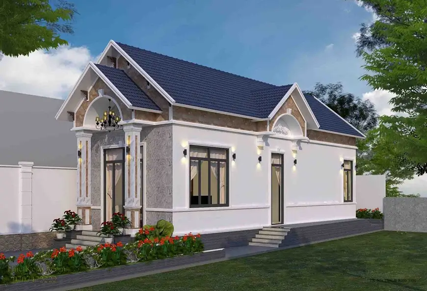 thiet-ke-nha-cap-4-dien-tich-60m2-voi-2-phong-ngu-mai-ton-don-gian-4 Nhà cấp 4 mái thái hiện đại, tường sơn trắng, sân vườn xanh tươi, phong cách kiến trúc truyền thống Việt Nam.