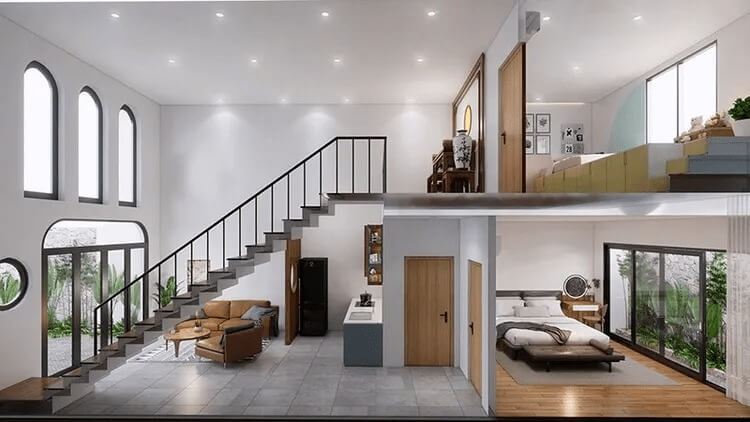 Nhà hai tầng hiện đại với nội thất tối giản, cầu thang giữa, phòng khách rộng rãi và ánh sáng tự nhiên.