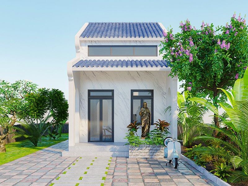 thiet-ke-nha-dien-tich-5x12m-1-tang-co-gac-lung-3 Nhà cấp 4 mặt tiền hiện đại với cây xanh, mái ngói xanh, xe máy trước sân.