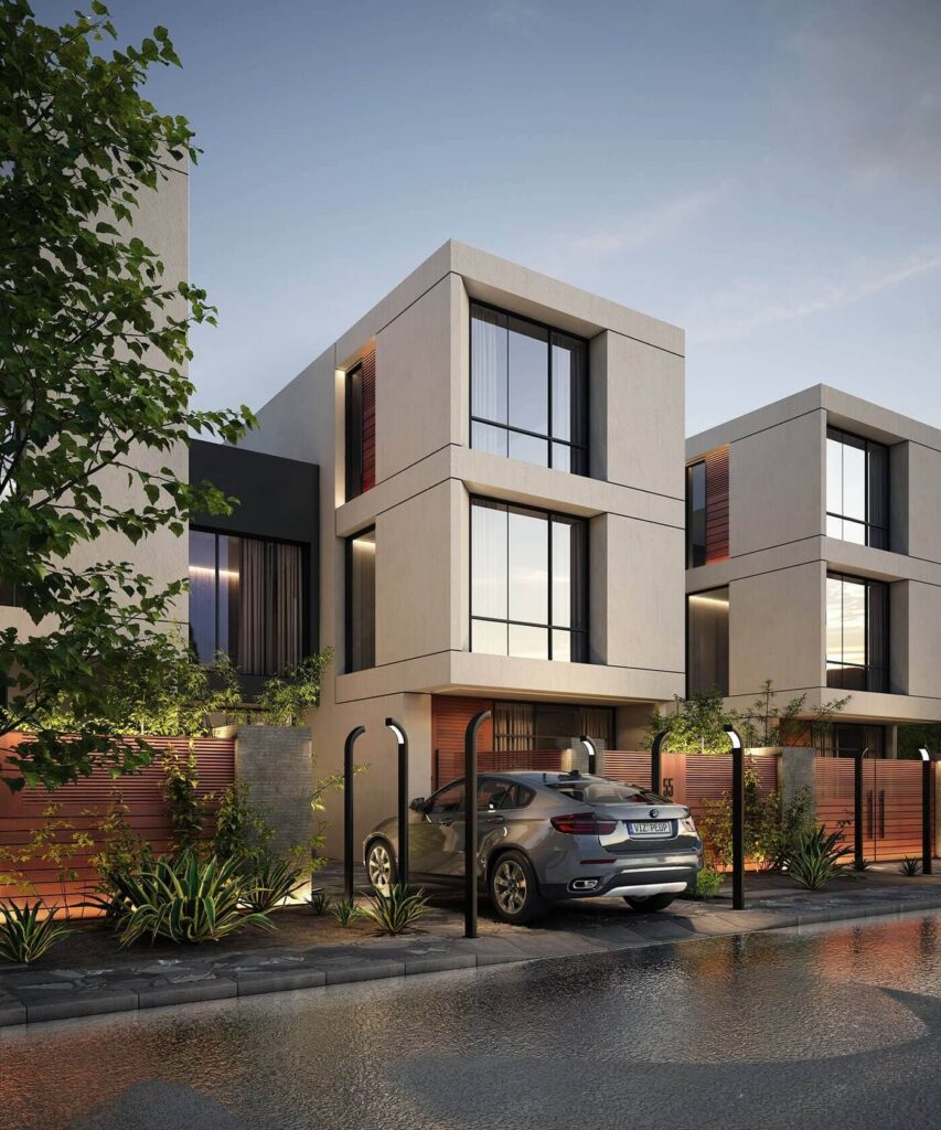 Biệt thự hiện đại với xe hơi đỗ trước, cây cối xung quanh, buổi chiều. Ngôi nhà kiểu dáng độc đáo, ánh sáng nhẹ.