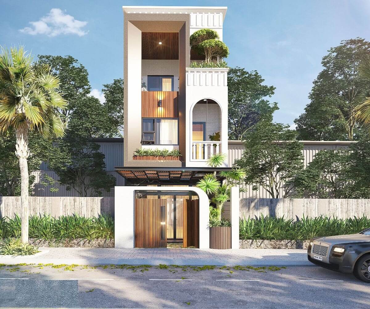 thiet-ke-nha-dien-tich-5x12m-co-nha-de-xe-3 Nhà phố hiện đại ba tầng với cây xanh trước cửa, phong cách kiến trúc đương đại, ban công và mặt tiền thoáng đãng.
