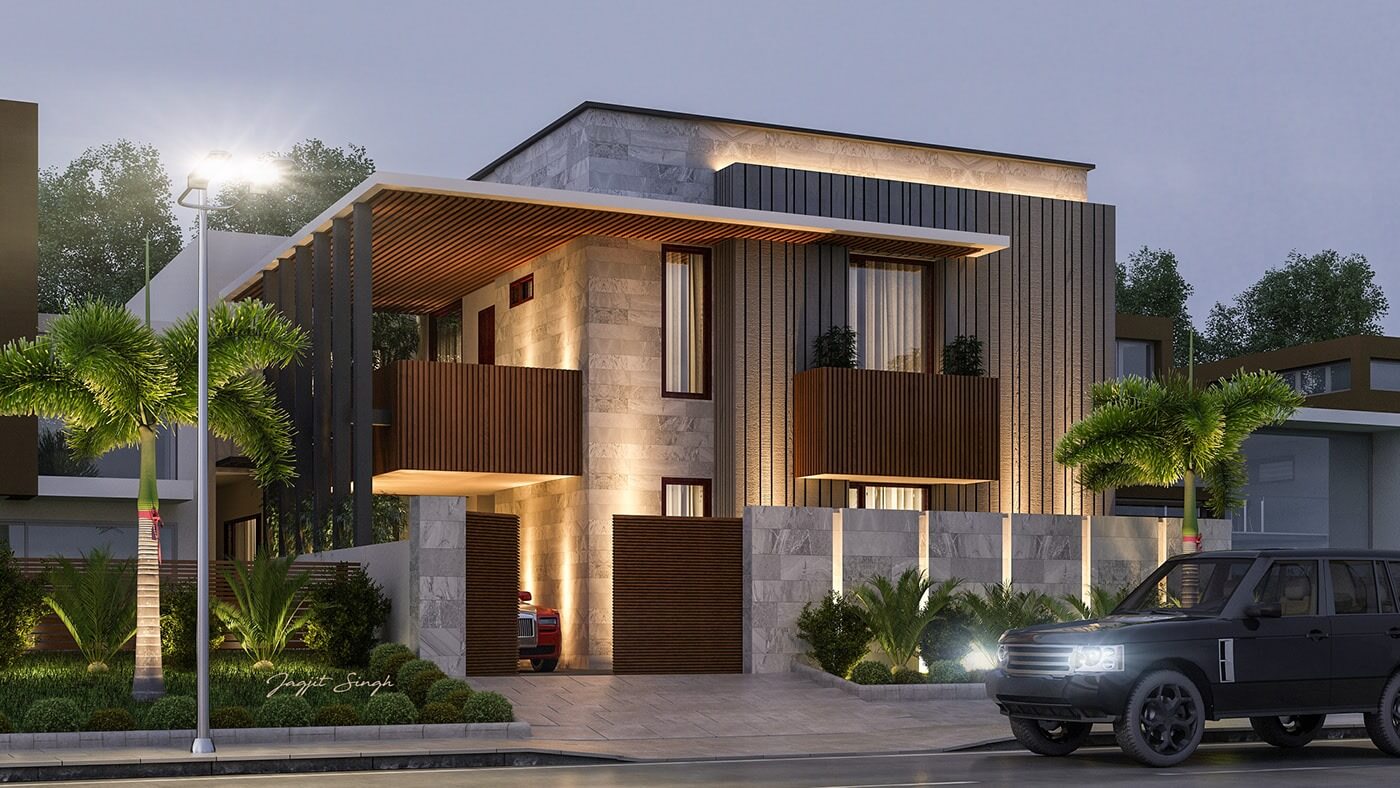 Biệt thự hiện đại vào ban đêm, ánh sáng ấm áp, cây xanh và xe SUV đen đậu bên ngoài.