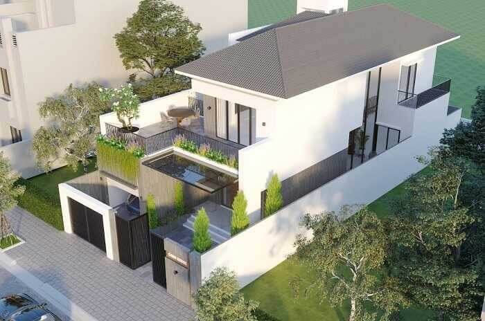 Biệt thự hiện đại với sân vườn xanh mát và thiết kế đẹp mắt nhìn từ trên cao.