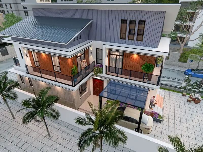 Nhà hiện đại 2 tầng với sân vườn rộng và xe ô tô đỗ trước cửa, cây cọ dọc theo lối đi bên ngoài.