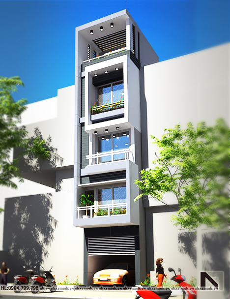 Nhà phố hiện đại 4 tầng với ban công xanh, thiết kế ánh sáng tự nhiên.