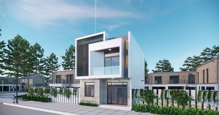 Nhà phố hiện đại với thiết kế tối giản, xung quanh là cây xanh, bầu trời trong xanh.