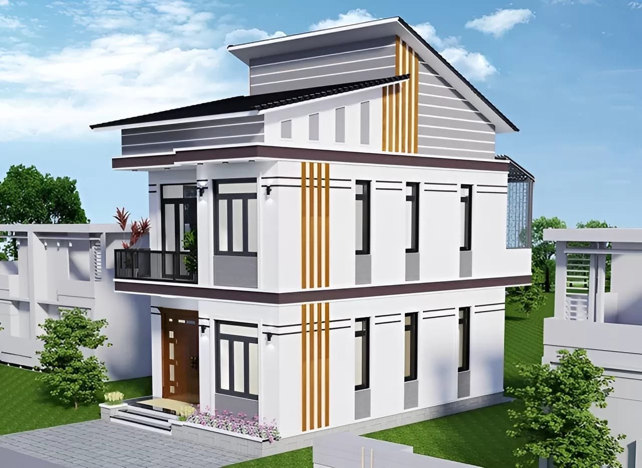 Nhà hiện đại hai tầng với mái dốc và cửa kính lớn, nằm trong khu vườn thoáng đãng.