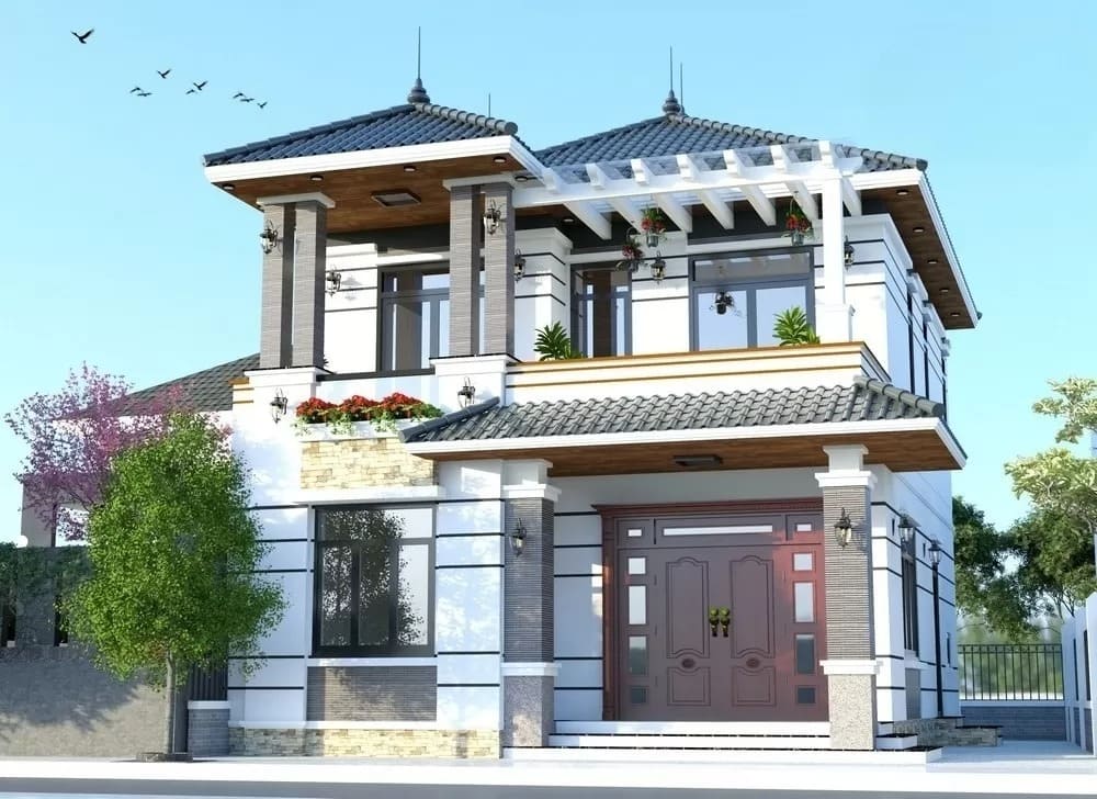 Ngôi nhà hai tầng mái thái hiện đại, sân vườn xanh mát và chim bay trên bầu trời xanh ngát.