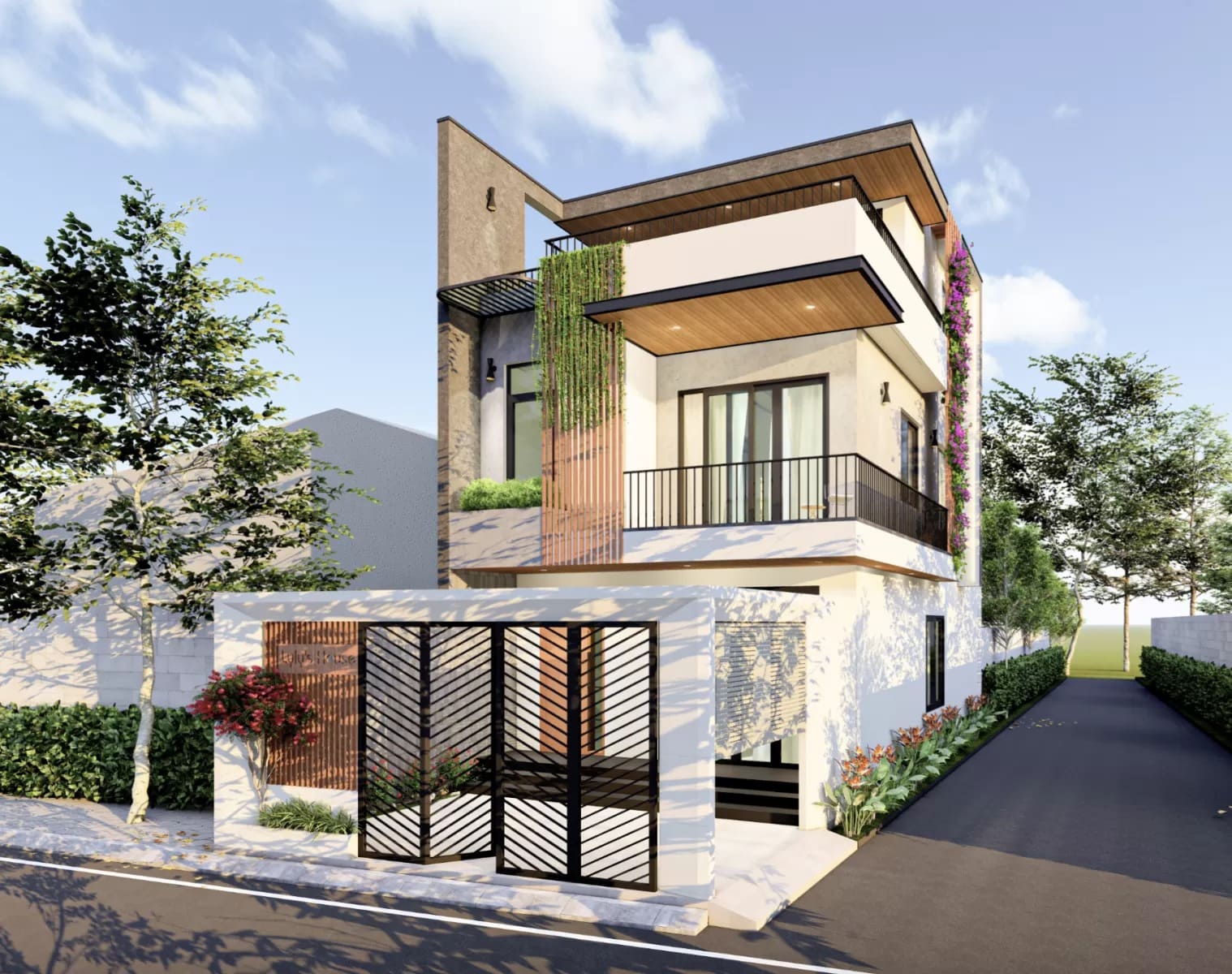 Nhà phố hiện đại, ba tầng, thiết kế tối giản với ban công rộng, cây xanh bao quanh, ánh sáng tự nhiên.