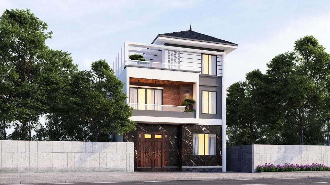 Nhà hiện đại ba tầng với thiết kế mái ngói, cây xanh bao quanh, mặt tiền sang trọng, cửa gỗ lớn ở tầng trệt.