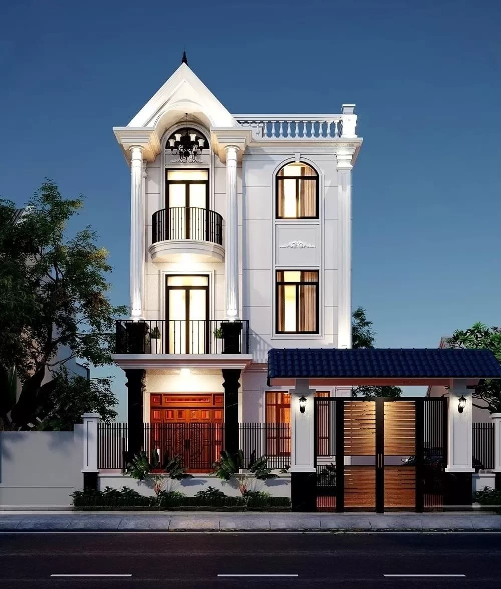 Biệt thự 3 tầng phong cách tân cổ điển với mặt tiền sang trọng và cửa sổ lớn.