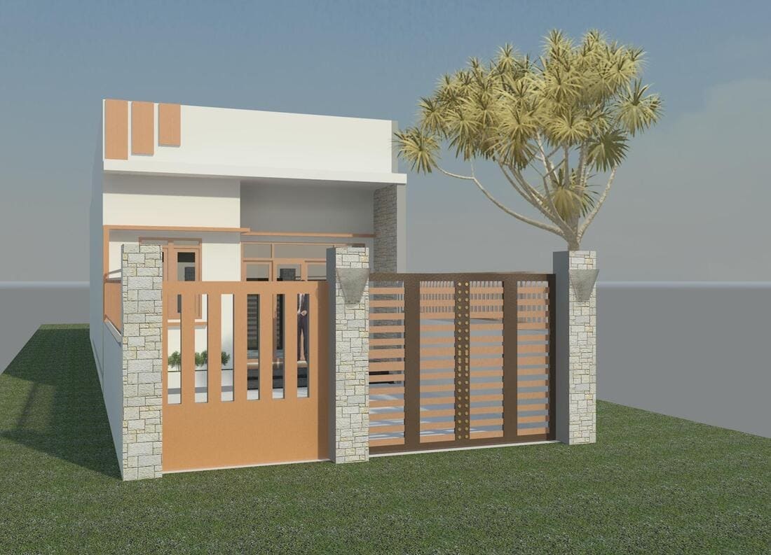 Nhà cấp 4 hiện đại với cổng gỗ và cây xanh bên cạnh, thiết kế tối giản.