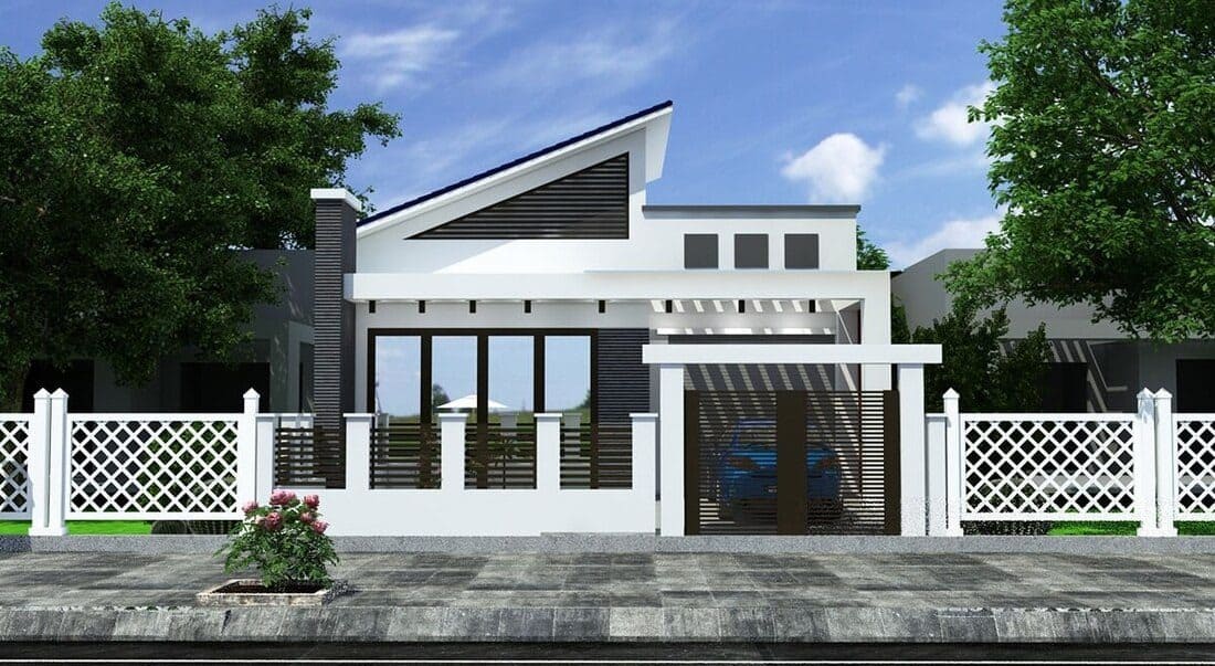 Nhà một tầng hiện đại với mái chéo, tường trắng và hàng rào, cây xanh xung quanh, bầu trời xanh trong.