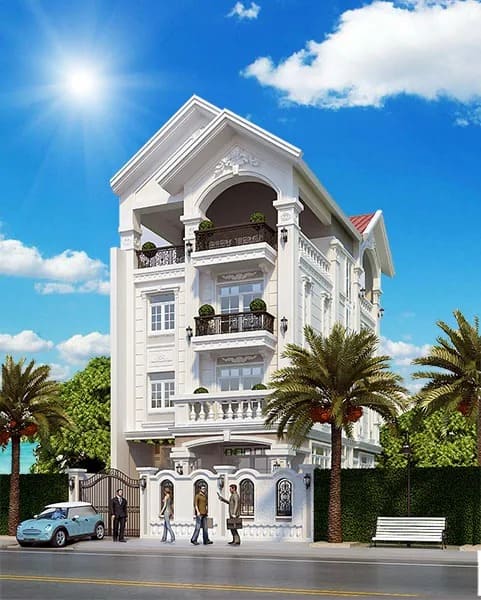 Biệt thự sang trọng với thiết kế hiện đại, cảnh quan cây cọ và bầu trời xanh nắng.