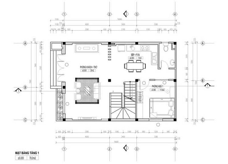 Bản vẽ mặt bằng tầng 1 nhà ống với phòng khách, bếp, phòng ngủ và cầu thang trung tâm, diện tích 70m2.