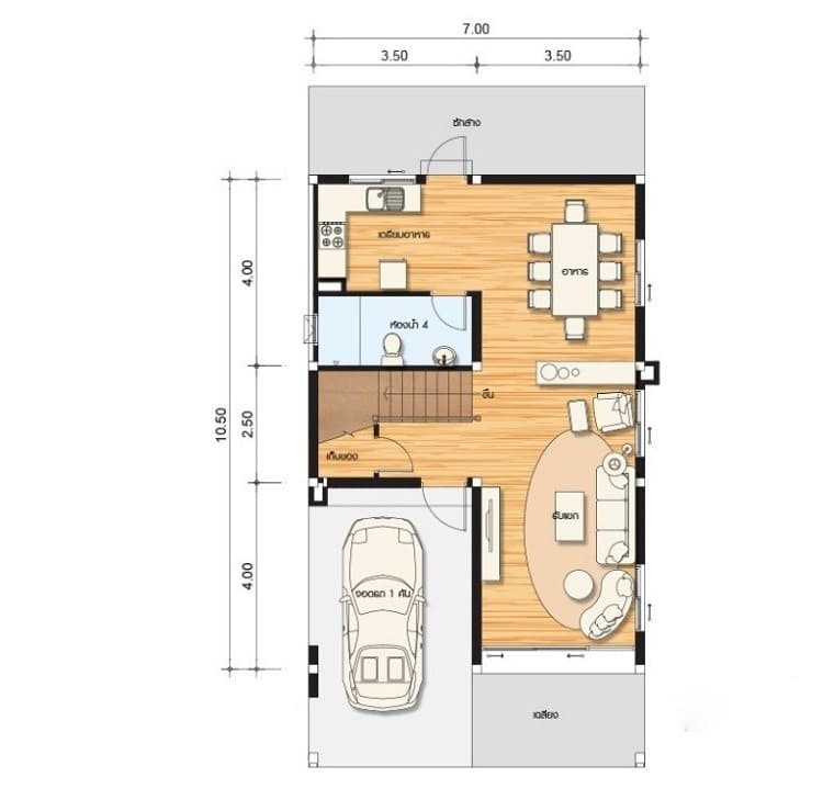 Bản vẽ mặt bằng nhà một tầng với các phòng liền nhau và gara ô tô bên trái.