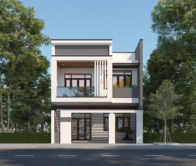 Nhà phố hiện đại với thiết kế hai tầng, cây xanh bao quanh, ánh sáng tự nhiên chan hòa.