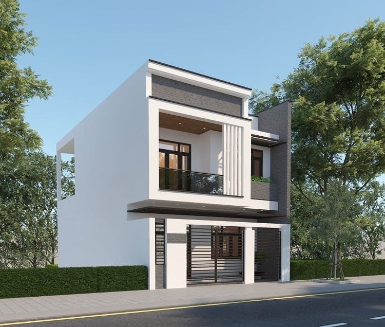 Nhà phố hiện đại hai tầng với thiết kế tối giản, ban công kính và cây xanh bao quanh, trên con đường yên tĩnh.