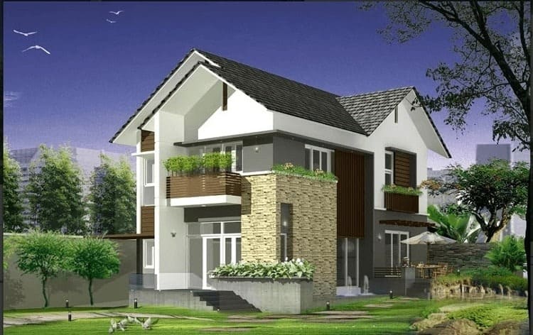 Ngôi nhà hiện đại hai tầng với ban công xanh và sân vườn, kiến trúc mái dốc giữa khung cảnh thiên nhiên.