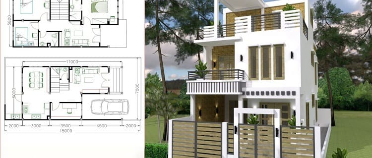 Bản vẽ thiết kế nhà 3 tầng hiện đại với mặt bằng chi tiết và phối cảnh mặt tiền tinh tế.