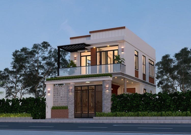 Nhà hiện đại hai tầng với sân vườn và ánh sáng buổi tối lung linh, phong cách sang trọng, hài hòa với thiên nhiên.