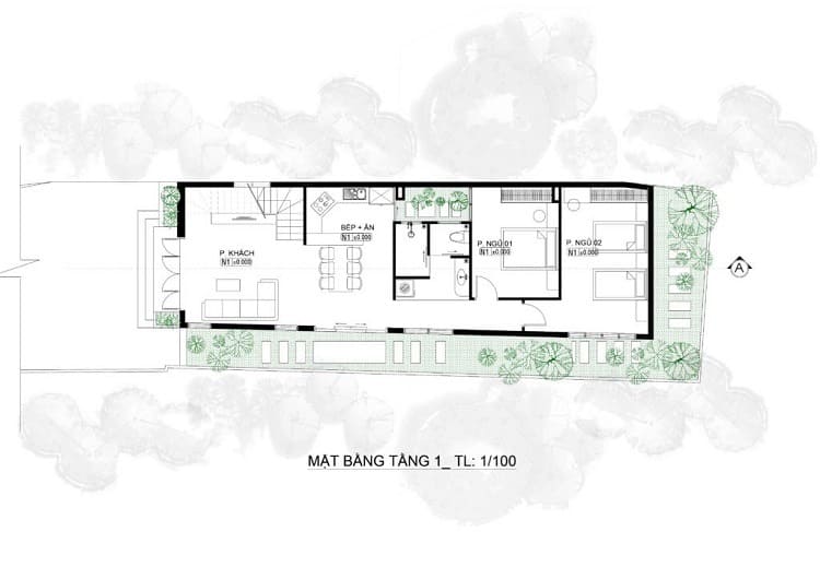 Bản vẽ mặt bằng tầng 1 của ngôi nhà, gồm phòng khách, bếp, phòng ngủ và sân vườn xung quanh.