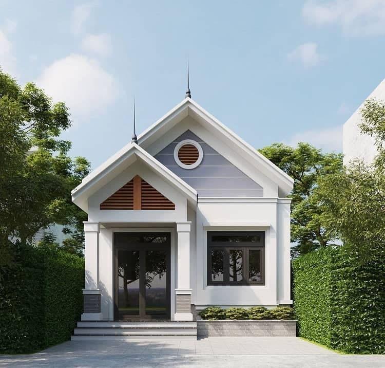 Nhà phố hiện đại giữa vườn xanh, thiết kế gọn gàng với mái dốc và cửa kính lớn, tạo không gian mở và thoáng đãng.