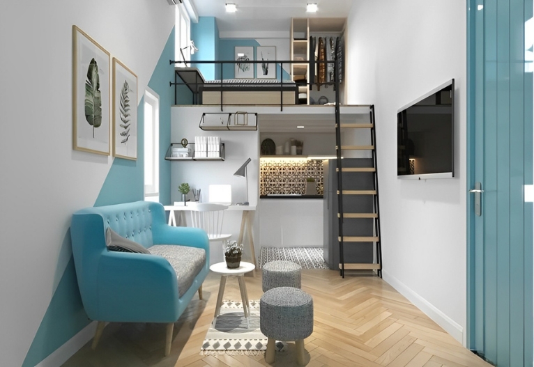 Căn hộ nhỏ gọn với sofa xanh, gác xép, bàn làm việc và bếp hiện đại, tường màu trắng-xanh trang nhã.
