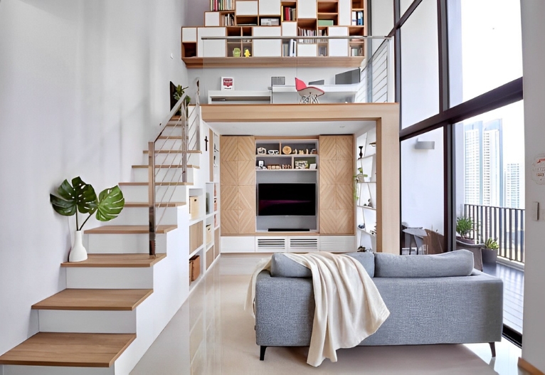 Phòng khách hiện đại với cầu thang gỗ và kệ sách, ghế sofa xám bên cạnh cửa sổ lớn, trang trí tinh tế.