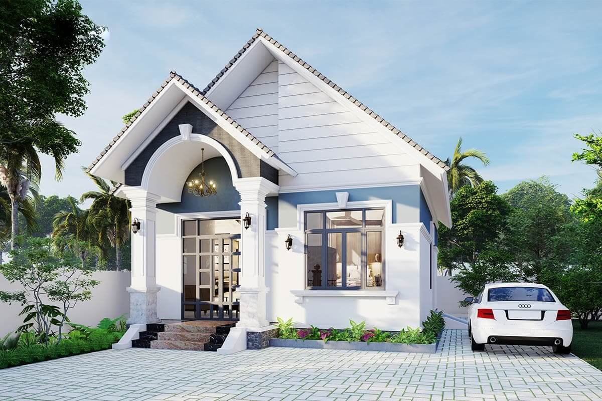 Nhà một tầng màu trắng đẹp với mái ngói và sân vườn xanh, xe hơi đỗ phía trước.