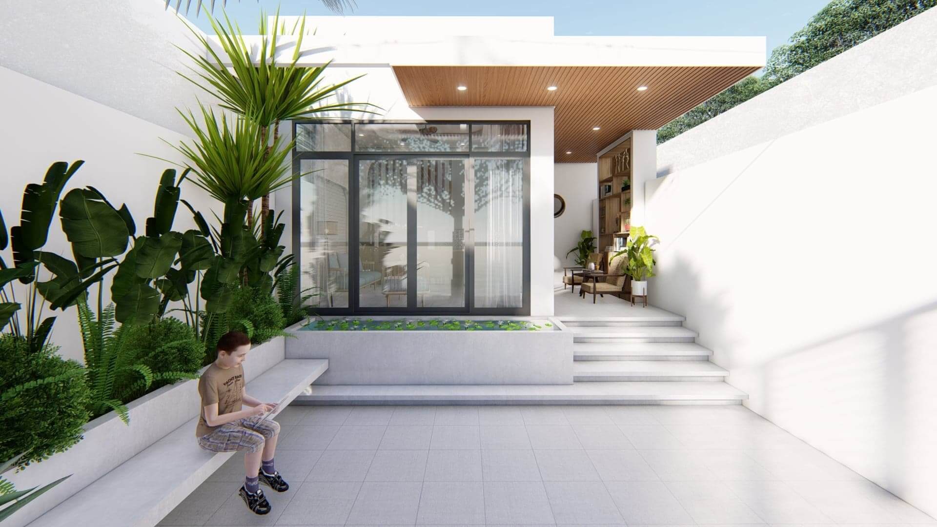 Người ngồi trên ghế đá gần vườn cây xanh trong sân nhà hiện đại có cửa kính lớn.