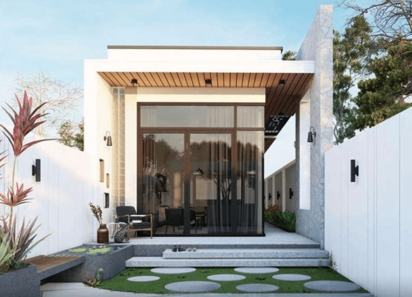 Nhà cấp bốn hiện đại, cửa kính lớn, sân vườn xanh, cây cối trang trí, thiết kế tối giản.