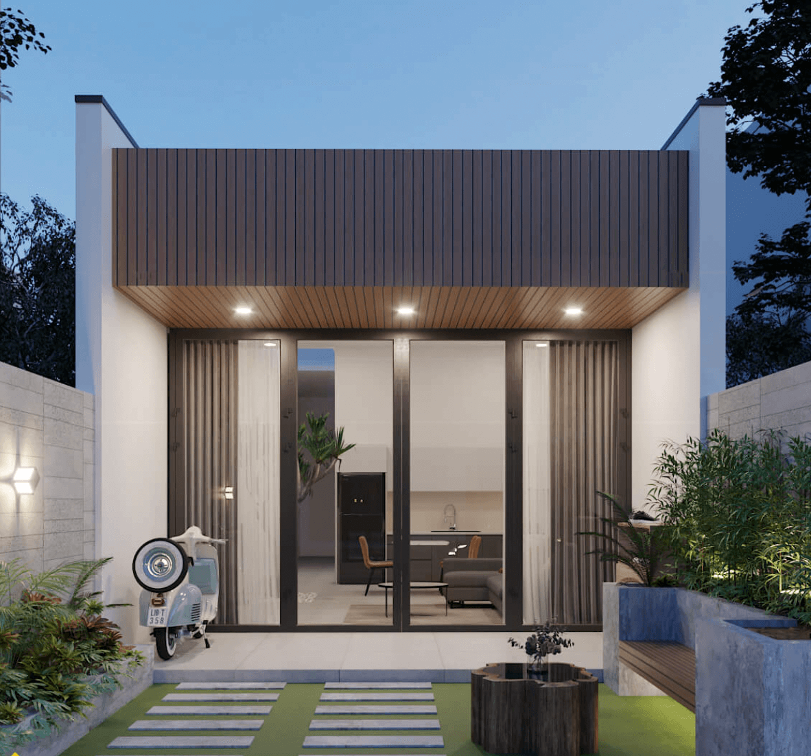 Nhà phố hiện đại với thiết kế tối giản, sân trước có xe máy cổ điển và cây xanh, vào buổi tối.