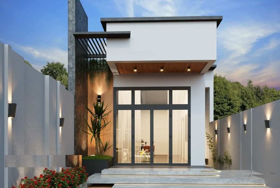 Nhà cấp 4 hiện đại với mặt tiền thoáng, thiết kế tối giản, cửa kính lớn và sân vườn.