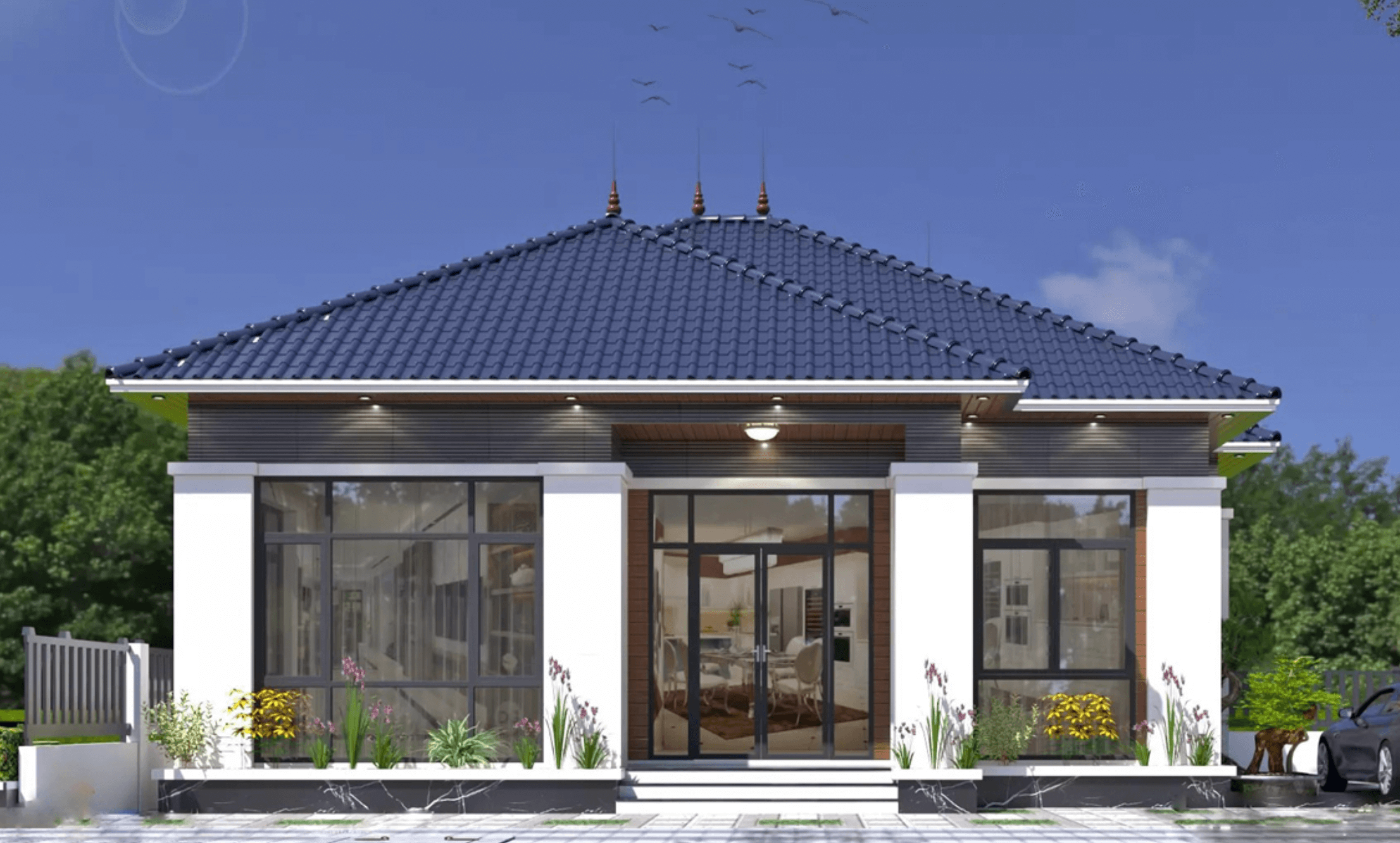 Ngôi nhà cấp 4 hiện đại với mái ngói xanh đậm, cửa kính lớn, sân vườn thoáng đãng, phong cách kiến trúc tối giản.